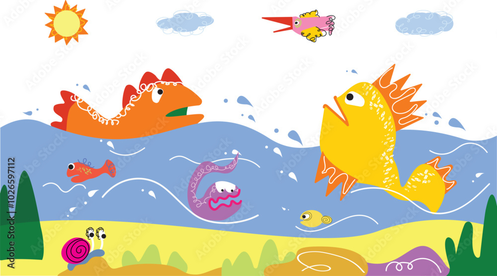 Cute border, kids decoration. Funny abstract childs banner design with creative elements, amasing happy fishes, doodle shapes. Decorative flat vector illustration isolated on white background Cute border, kids decoration. Funny abstract childs banner design with creative elements, amasing happy fishes, doodle shapes. Decorative flat vector illustration isolated on white background