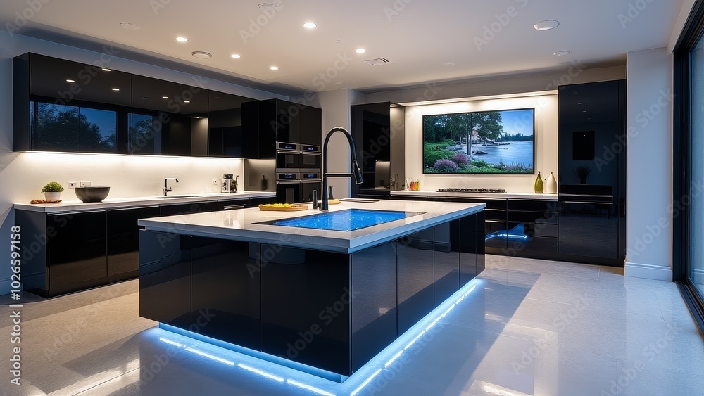 Generative, AI, Modern kitchen with sleek black cabinets, integrated appliances, and ambient lighting, featuring a central dining table and large windows. Generative, AI, Modern kitchen with sleek black cabinets, integrated appliances, and ambient lighting, featuring a central dining table and large windows.