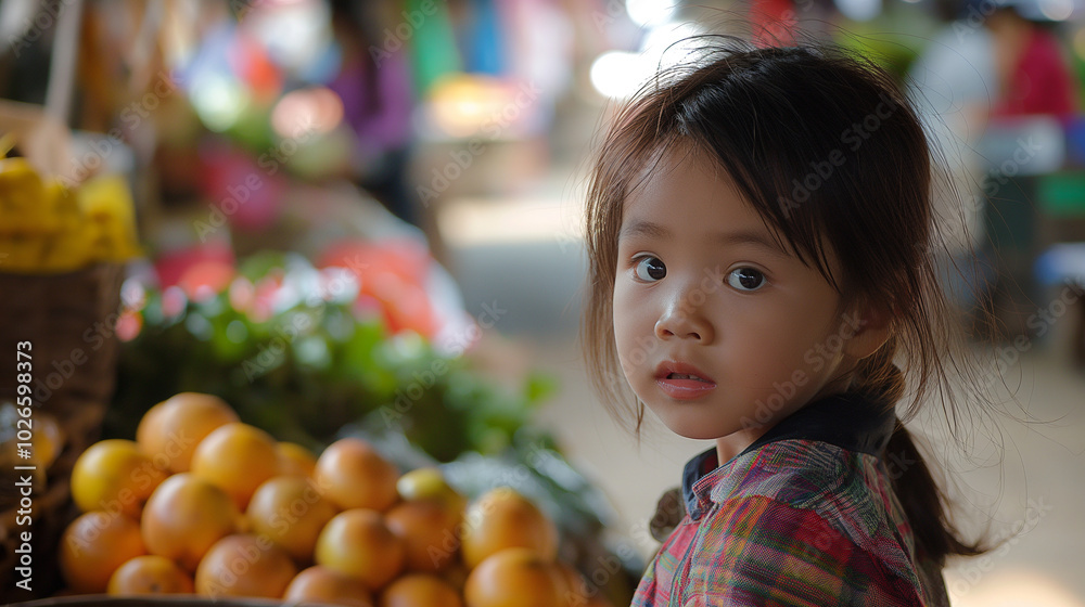 Fototapeta premium Asian Child in a Local Market: Innocence and Cultural Experience