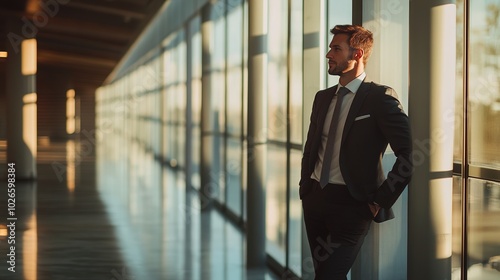 Wallpaper Mural A professional man in a suit leaning against the wall of a long hallway, natural light pouring in through the windows, creating a sleek and modern atmosphere Torontodigital.ca