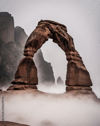 Foggy morning at a natural stone arch on a rocky landscape. photo