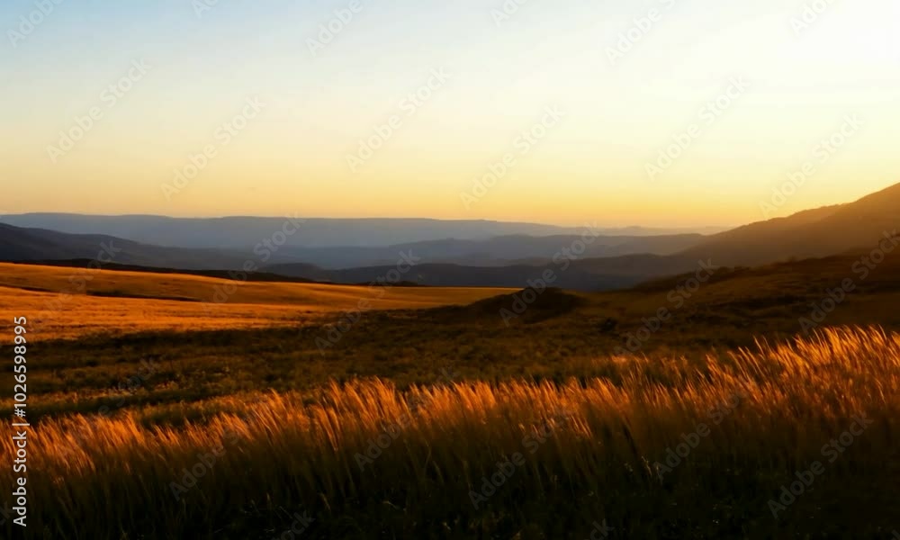 Pan shot with golden hour lighting: The camera starts with a panoramic view of rolling hills covered in tall, golden grass swaying in the breeze. The camera slowly pans to reveal the distant mountains Pan shot with golden hour lighting: The camera starts with a panoramic view of rolling hills covered in tall, golden grass swaying in the breeze. The camera slowly pans to reveal the distant mountains