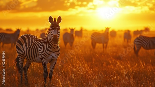 African zebras in wildlife on sunset background