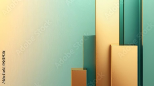 Abstract geometric bars in gold and teal colors on a soft gradient background.