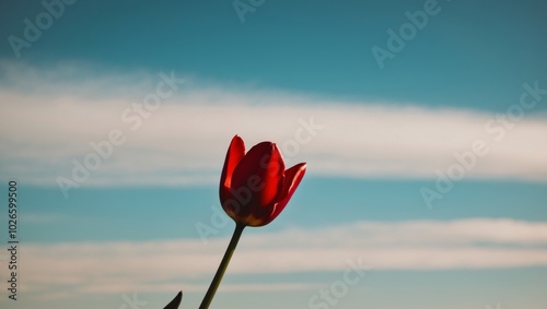 A red tulip in a blue sky with a long stem. photo