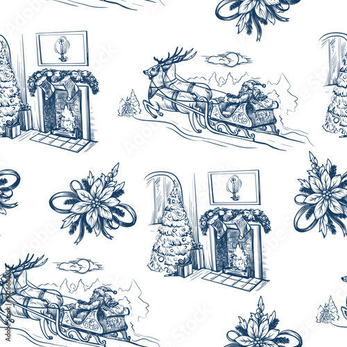 Seamless pattern with Santa, poinsettia, fir tree in toile style. Vector.