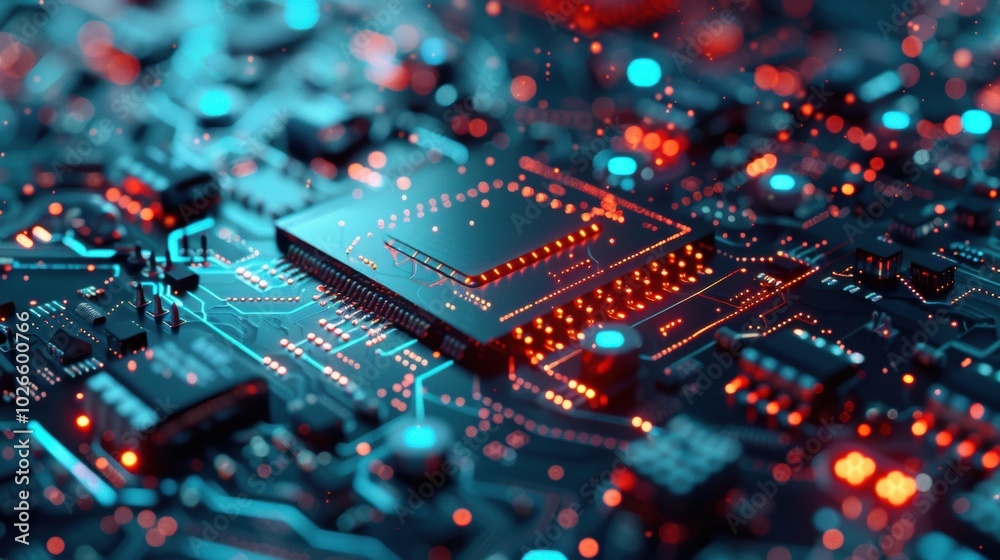 Fototapeta premium Close-up of a glowing blue microchip circuit board. Technology and innovation concept.