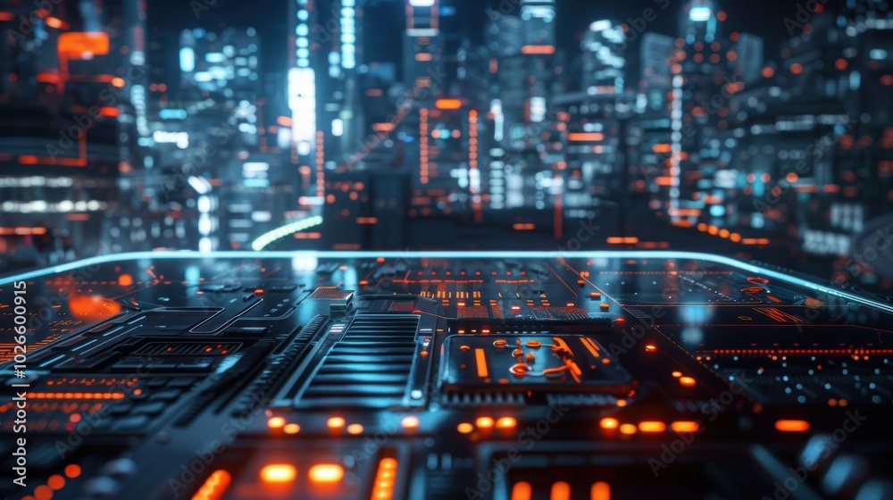 Futuristic cityscape with neon lights and high-tech circuit board