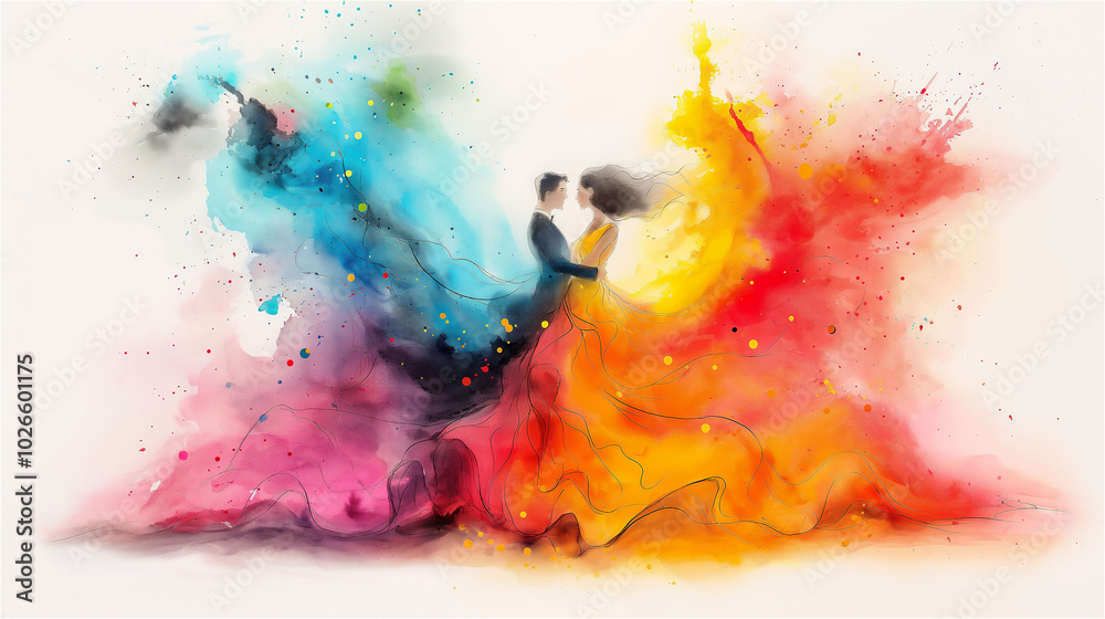 Fototapeta premium A man and a woman are gracefully dancing together in front of a vibrant and colorful background filled with captivating hues