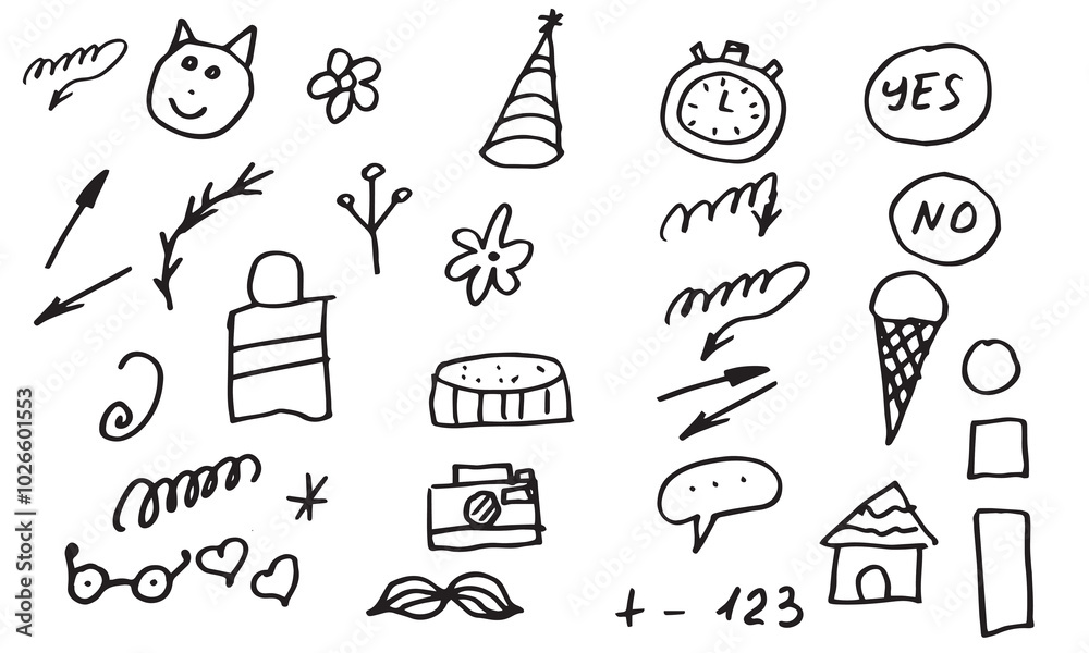 Fototapeta premium Hand drawn sketch marker underline shape, arrow, heart scribble brush chalkboard