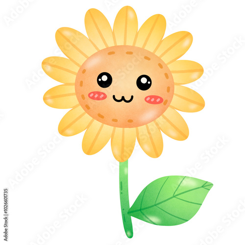 Cute cartoon illustration of yellow sunflower with smiling face, perfect for educational materials and childrens products. This cheerful flower brings joy and creativity to any design