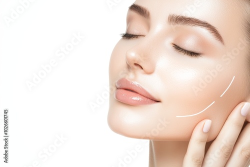 Woman with facial contour lines drawn on her cheeks and forehead, symbolizing skincare, lifting, or facial rejuvenation treatments, radiant and youthful skin