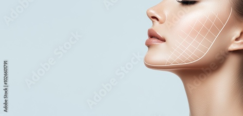 Woman with glowing skin and a contour line on her cheek, showcasing skincare or facial treatment results, natural beauty with smooth complexion