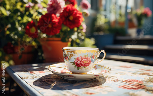 generated illustration of victorian tea cup on table with rose potted plant against morning sun