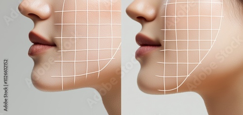 Before and after skincare comparison showing a womans smooth complexion with facial grid lines highlighting skin improvement and elasticity
