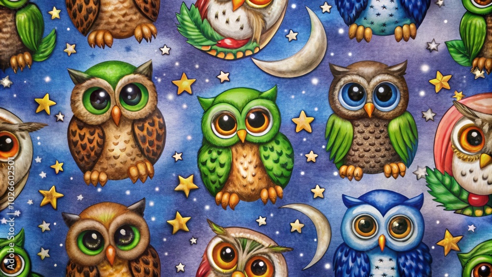 Cute Seamless Owl Pattern with Moon and Stars for Fabric and Wallpaper Design Cute Seamless Owl Pattern with Moon and Stars for Fabric and Wallpaper Design