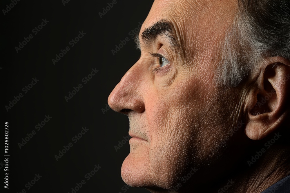 Detailed portrait of an older man, showcasing aged skin, fine wrinkles, and thoughtful expression, a reflection of lifes journey and experience Detailed portrait of an older man, showcasing aged skin, fine wrinkles, and thoughtful expression, a reflection of lifes journey and experience