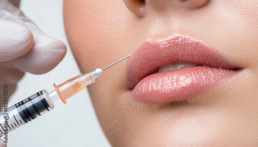 Detailed shot of a cosmetic procedure with a syringe near a womans cheek, emphasizing smooth lips and flawless skin, beauty treatment concept Detailed shot of a cosmetic procedure with a syringe near a womans cheek, emphasizing smooth lips and flawless skin, beauty treatment concept