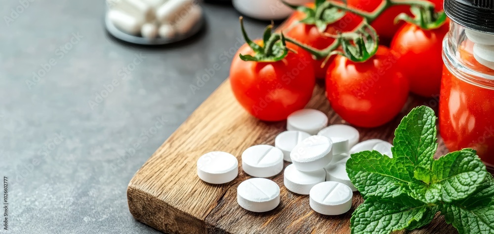Dietary supplements and fresh ingredients like tomatoes and mint on a wooden board, symbolizing the combination of natural nutrition and supplements for health Dietary supplements and fresh ingredients like tomatoes and mint on a wooden board, symbolizing the combination of natural nutrition and supplements for health