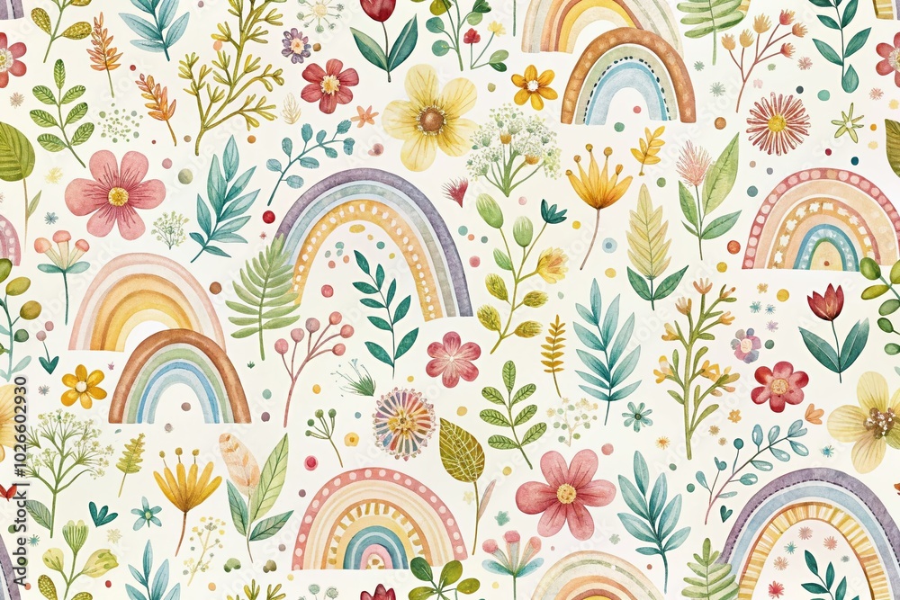 Fototapeta premium Cute Watercolor Rainbow and Ditsy Flower Seamless Pattern for Nursery Wallpaper