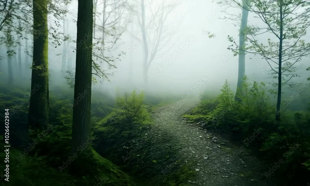 Tracking shot with gentle morning mist: The camera starts by focusing on a peaceful forest with a narrow path covered in mist. The camera moves along the path, capturing the soft, ethereal mist and th Tracking shot with gentle morning mist: The camera starts by focusing on a peaceful forest with a narrow path covered in mist. The camera moves along the path, capturing the soft, ethereal mist and th