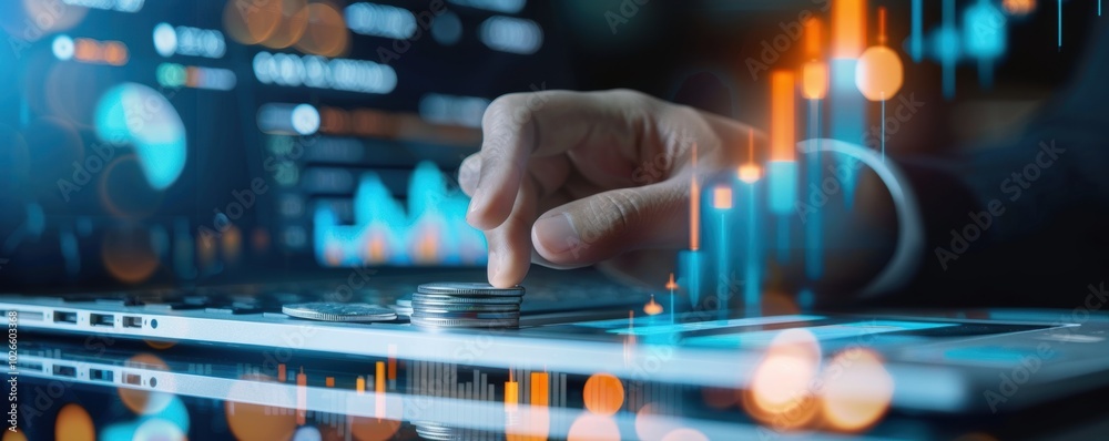 Financial analyst touching digital screen with market data analysis. Investment and economics concept. Financial analyst touching digital screen with market data analysis. Investment and economics concept.