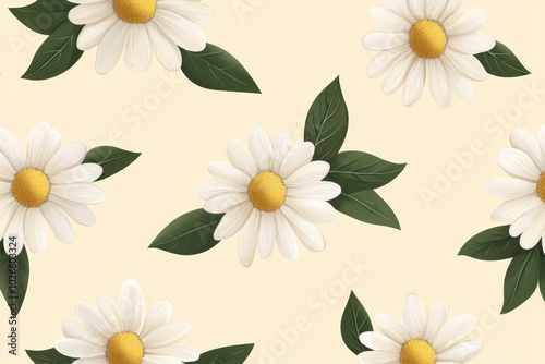 Repeating pattern of daisy flowers and leaves scattered on a light yellow background, creating a fresh, cheerful design