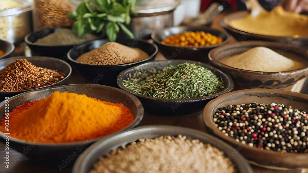 Explore a vibrant collection of spices in bowls. Each one brings unique flavors and aromas for your cooking delight. Discover culinary inspiration. Explore a vibrant collection of spices in bowls. Each one brings unique flavors and aromas for your cooking delight. Discover culinary inspiration.