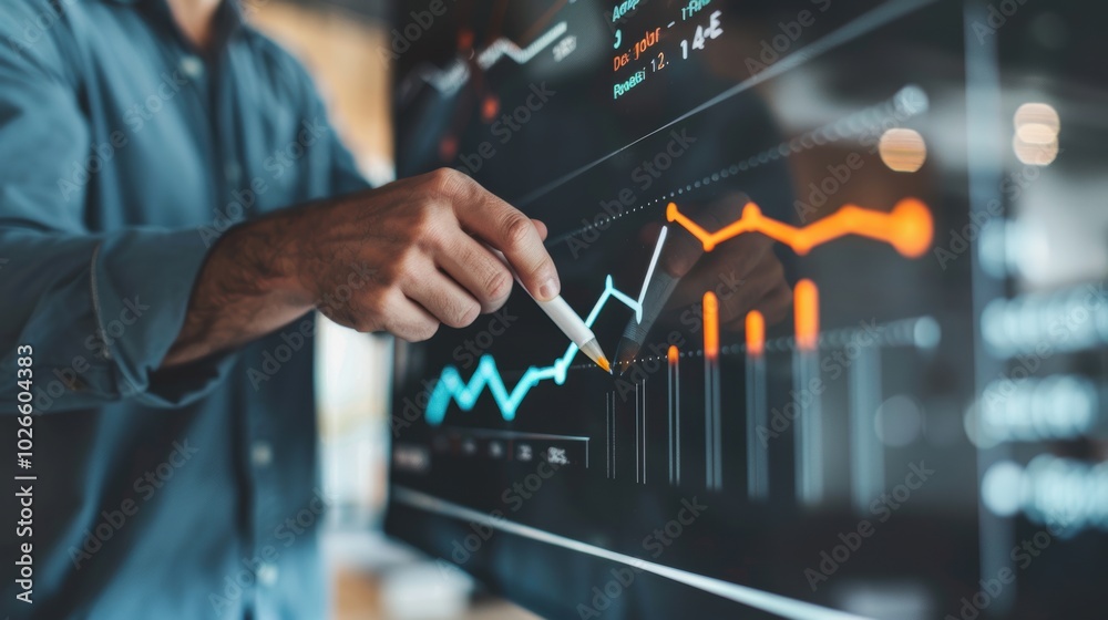 Businessman analyzing financial graphs on a digital interface. Close-up shot of hands and screen. Businessman analyzing financial graphs on a digital interface. Close-up shot of hands and screen.
