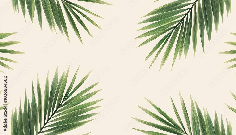 Seamless pattern of tropical palm leaves in green shades on a light beige background, creating a fresh, tropical vibe Seamless pattern of tropical palm leaves in green shades on a light beige background, creating a fresh, tropical vibe