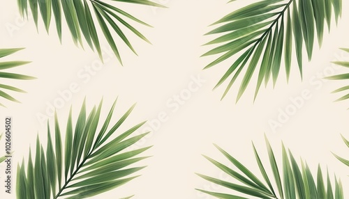 Seamless pattern of tropical palm leaves in green shades on a light beige background, creating a fresh, tropical vibe