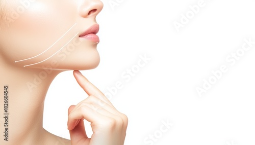 Side profile of a woman gently touching her chin, with lines indicating a facial lifting treatment, smooth and youthful skin on a white background