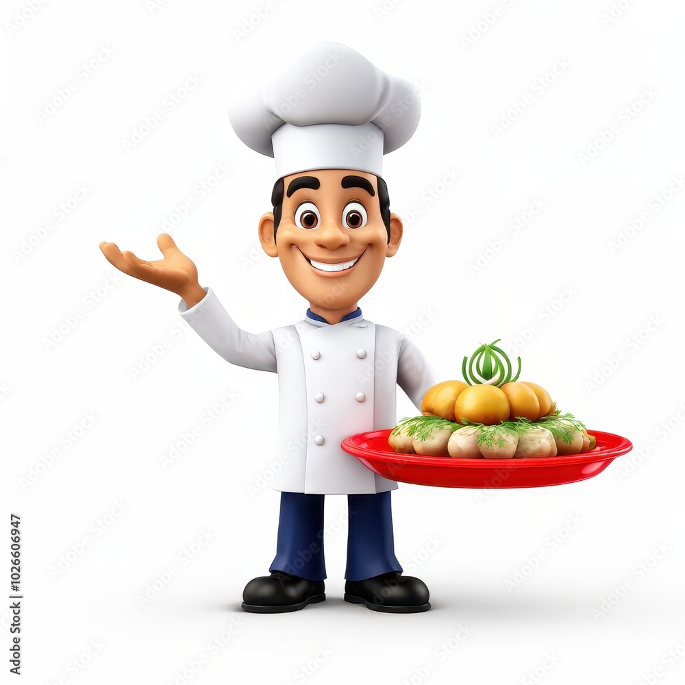 A cheerful cartoon chef presenting a platter of food, embodying culinary creativity.
