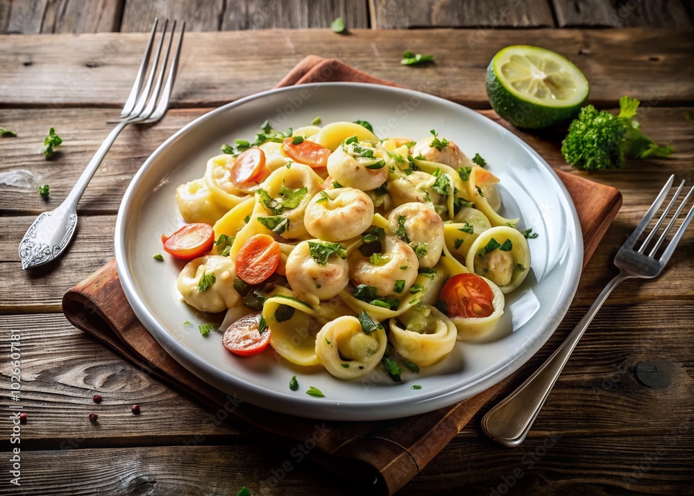 Delicious Cheese Tortellini Carbonara with Shrimp and Zucchini in Italian Restaurant Setting Delicious Cheese Tortellini Carbonara with Shrimp and Zucchini in Italian Restaurant Setting