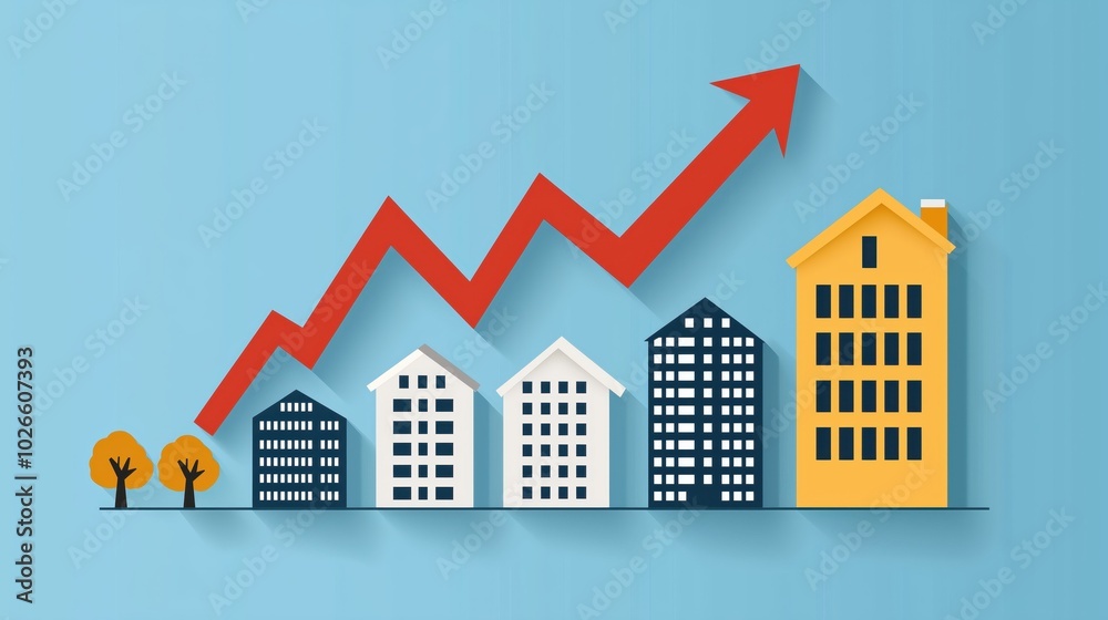 Real Estate Growth: A bold red arrow soaring upward, symbolizing a prosperous real estate market, with a series of increasingly large buildings representing growth and development. Real Estate Growth: A bold red arrow soaring upward, symbolizing a prosperous real estate market, with a series of increasingly large buildings representing growth and development.