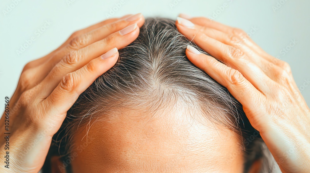 Fototapeta premium Close-up of a person massaging their hair and scalp, highlighting healthy hair and relaxed wellness.