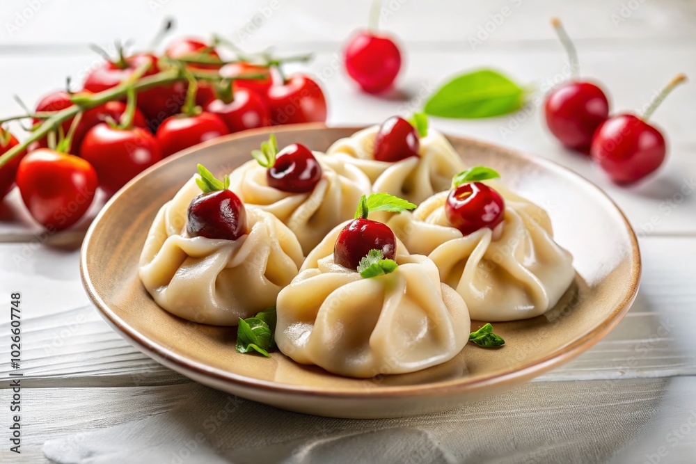 Delicious Dumplings with Cherry on White Background - Perfect for Food Photography Delicious Dumplings with Cherry on White Background - Perfect for Food Photography