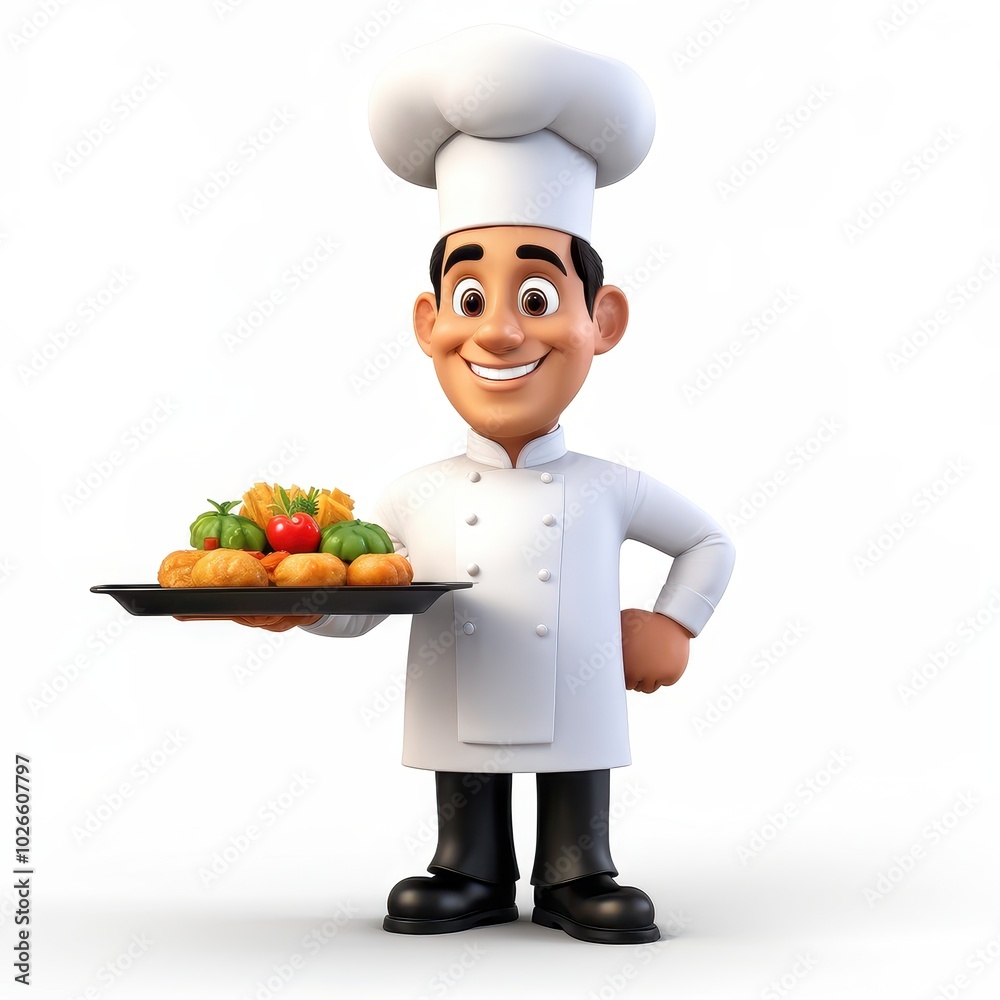 A cheerful cartoon chef holding a tray of colorful food items, showcasing culinary skills. A cheerful cartoon chef holding a tray of colorful food items, showcasing culinary skills.