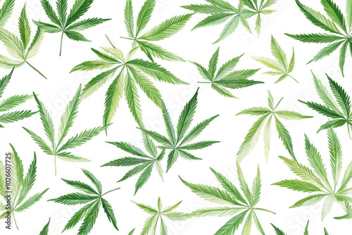 Seamless pattern of green cannabis leaves arranged over a white background for creative and botanical uses.