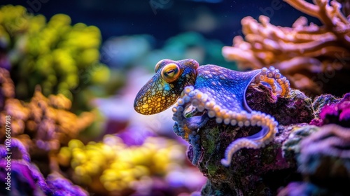 A vibrant blue octopus with yellow eyes rests on a coral reef, surrounded by colorful marine life.