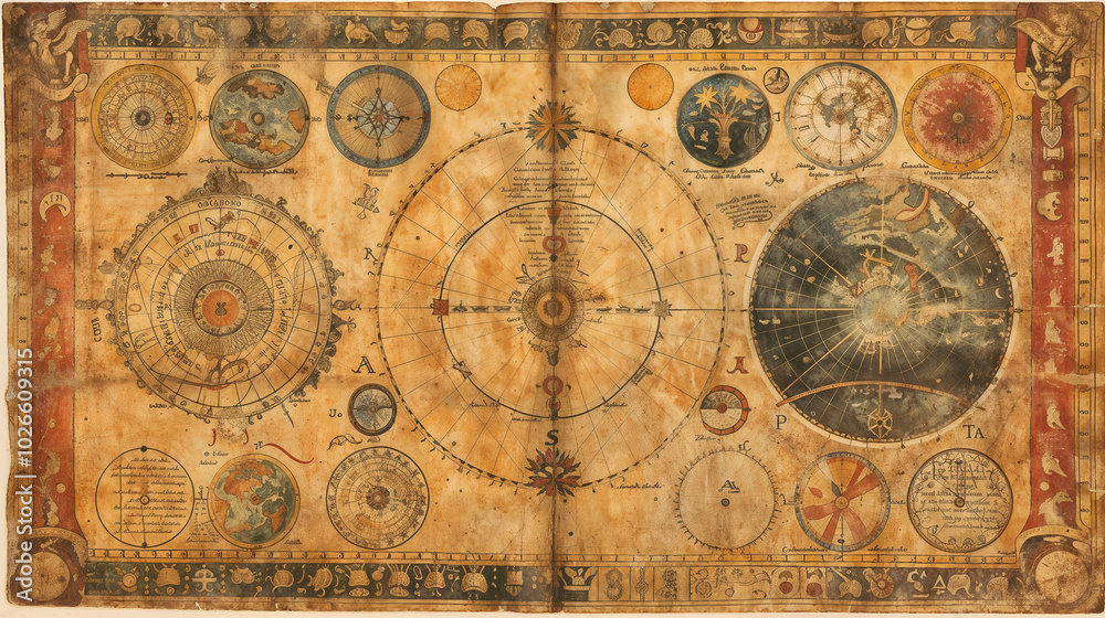 Naklejka premium Ancient celestial map with intricate astronomical diagrams. Zodiac symbols, planetary orbits and constellations illustrated on aged parchment. Mystical charts blend science and astrology in wallpaper