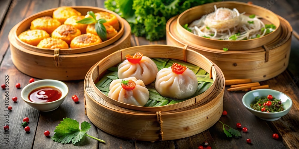 Fototapeta premium Delicious Shrimp Har Gow and Pork Siu Mai in a Steaming Basket - Authentic Dim Sum Experience