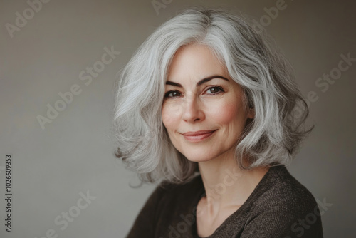 Woman with grey hair in brown sweater enjoying a peaceful moment by the lake at sunset, surrounded by tranquil nature and colorful autumn foliage.