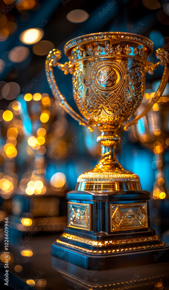 A golden cup with a black base sits on a table. The cup is surrounded by other cups, all of which are also golden. Concept of celebration and achievement. A golden cup with a black base sits on a table. The cup is surrounded by other cups, all of which are also golden. Concept of celebration and achievement.