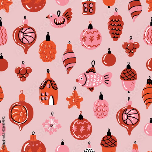 Red and pink Christmas baubles on white background. Vintage Christmas glass. Retro ornament seamless pattern.