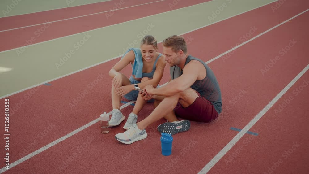 Sporty couple sits on indoor running track watching videos Sporty couple sits on indoor running track watching videos
