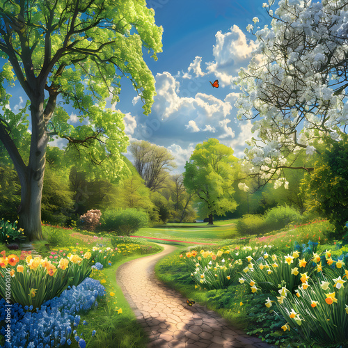 The Enchanting Beauty of Spring – A Pathway Fringed With Lush Blooms Under a Canopied Sky