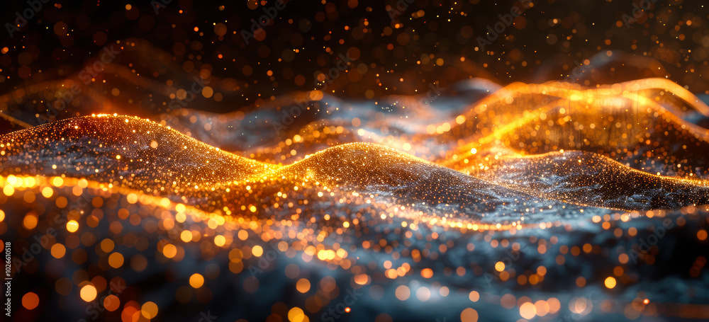 A bright orange and blue wave of light with a lot of sparkles. The sparkles are scattered all over the wave, giving it a dreamy and ethereal appearance. A bright orange and blue wave of light with a lot of sparkles. The sparkles are scattered all over the wave, giving it a dreamy and ethereal appearance.