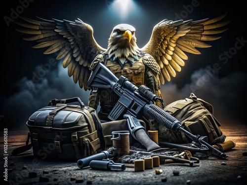 Design a Tactical Eagle logo featuring night photography elements and gear for a distinctive branding experience, emphasizing adventure and precision photo