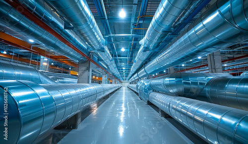 A long, narrow room with many pipes running through it. The pipes are silver and the room is very bright.